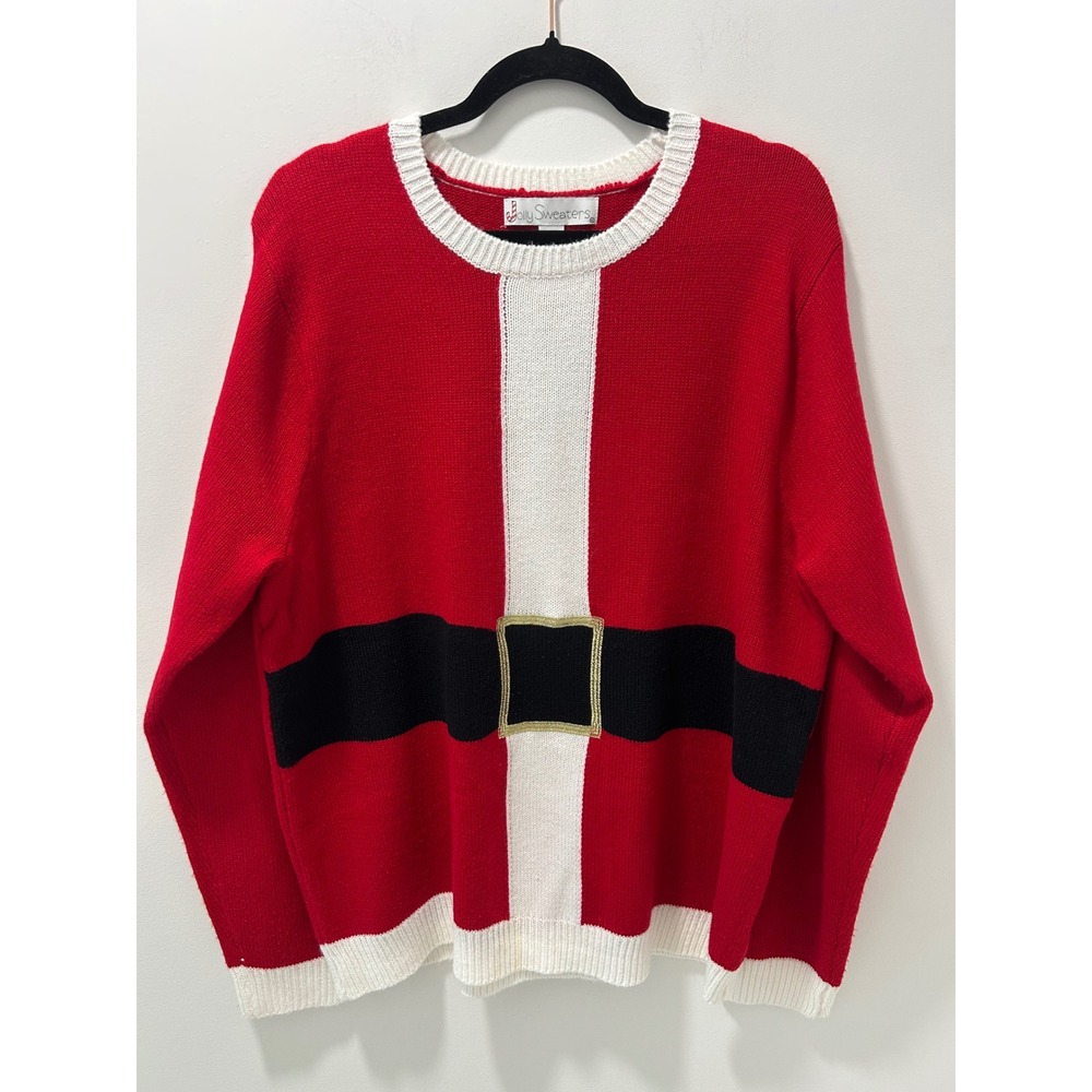 Jolly Sweaters Mens XL Santa Claus Ugly Christmas Sweater Red White Black Belt